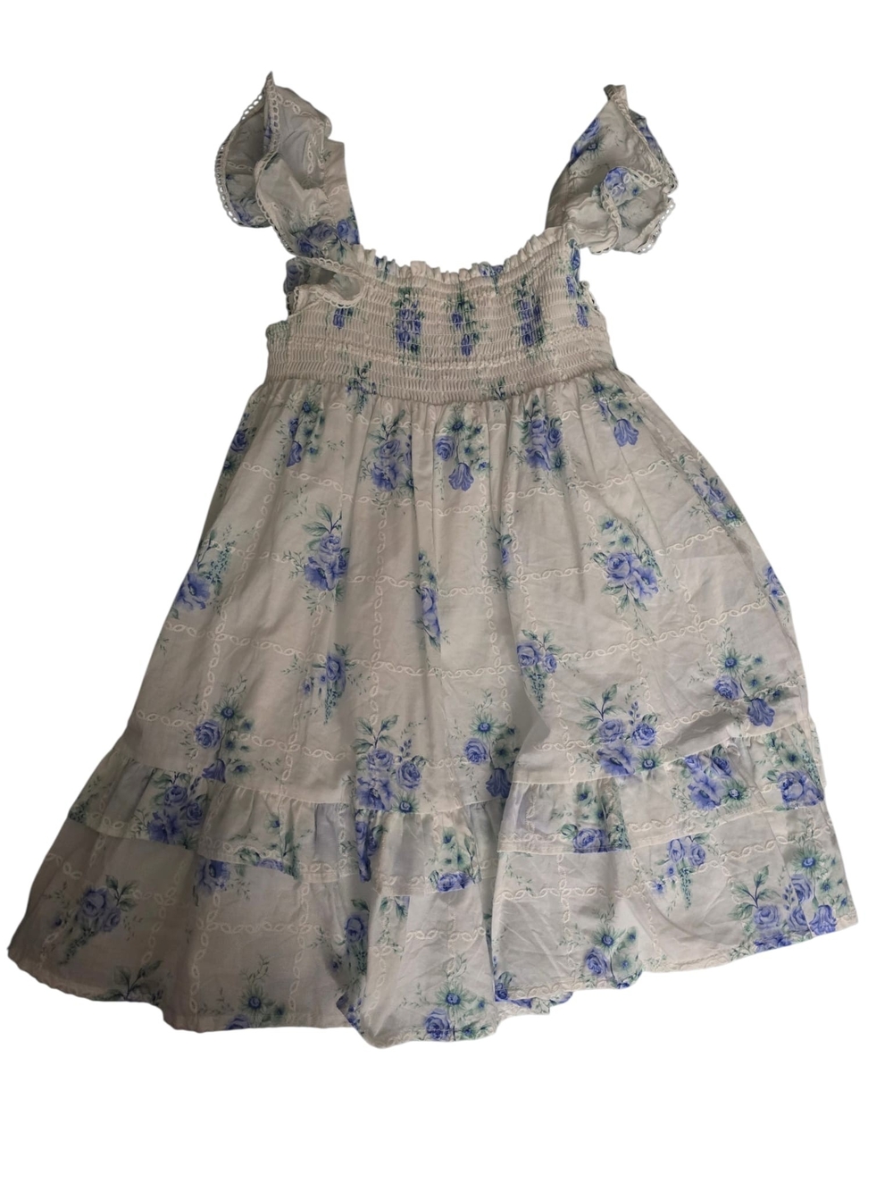 Shabby Chic White Dress with Blue Floral Print